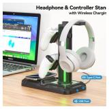 KDD Headphone & Controller Stand with Wireless Charging - Rotatable Headset Stand with 9 Light Modes - Controller Holder with 2 USB and Type C Ports - for Gamers Desktop Accessories