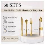 Neatiffy 27 Pack Gold Plastic Silverware Set, Pre Rolled Napkin and Cutlery Set with 27 Forks, 27 Knives, 27 Spoons, 27 Napkins, Utensils, Silverware for Parties, Weddings and Birthdays