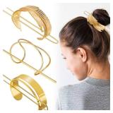 3 Pieces Gold Hair Accessory Set: Feather X-Shaped Bun Clip, Stick and Round Top
