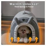 Jiupety Cute Small Dog Cave Bed with Door Curtain Design, Dog House with Reversible Washable Cushion, L Size Portable Puppy House, Cartoon Style Hut Up to 22lbs, Non-Slip Bottom, Grey