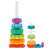 JUXUE Baby Spinning Stacking Toys for Toddlers 1-3, Rainbow Ring Stacker Montessori Toys for Babies 6-12 Months, 1 2 3 One Year Old Girl Boy Christmas Birthday Gifts, Autism Sensory Learning Toy