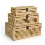 Boho Rattan Display Boxes with Rattan Lids, 3 Pcs Large Natural Handwoven Cane Basket, Home Decor Organizers Storage Bins, Natural Finish Display Boxes