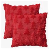 AVOIN colorlife Christmas Tree Red Throw Pillow Covers Set of 2, 18 x 18 Inch Soft Plush Faux Fur Jacquard Festivals Winter Cushion Case Decoration for Sofa Couch. ZIPPERS WORK.