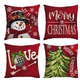 AVOIN colorlife Merry Christmas Let It Snow Snowman Red Throw Pillow Covers, 20 x 20 Inch Xmas Tree Holiday Cushion Case Decoration for Sofa Couch Set of 4