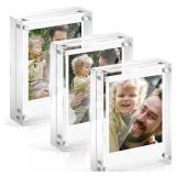 JUOIFIP 3 Pack Magnet Acrylic Polaroid Picture Frame, 10+10 mm Thick Block, 2.5x3.5 Inch Freestanding Clear Mini Frames for Instant Photos, Wallet Size Magnetic Instax Frame for Tabletop Display