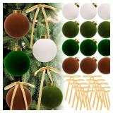 Liliful 48 Pcs Olive Green Velvet Christmas Ornaments 24 Neutral Flocked Christmas Balls 3.15 and 24 Ribbon Bows 5 * 7 Shatterproof Xmas Tree Hanging Decoration for Holiday Mantle Home Indoor Decor