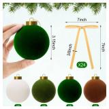 Liliful 48 Pcs Olive Green Velvet Christmas Ornaments 24 Neutral Flocked Christmas Balls 3.15 and 24 Ribbon Bows 5 * 7 Shatterproof Xmas Tree Hanging Decoration for Holiday Mantle Home Indoor Decor