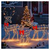 [3-Piece Reindeer Christmas Decorations Outdoor] 2D Lighted Deer Family with 260 LED Light. Durable Yard Lawn Holiday Decor, Outdoor Lighted Holiday Display for Yard Lawn Garden-White