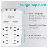 KMC 6-Outlet Extender USB-C PD Surge Protector Wall Tap, Multi-Plug USB Wall Charger, 2 USB-A Ports & USB-C 20W Power Delivery, High-Speed Phone Charger, 980J Surge Protection, UL/ETL Certified, White