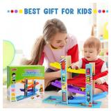 Montessori Toys for Toddlers, Children Race Track Toy with 4 Cars and 1 Wooden Parking Lot, Stable Base, Car Ramp Toy for 1 2 3 Year Old Boy Girl Gifts