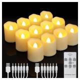 FPOO Rechargeable Flameless Tea Lights Candles with Timer & Remote, 12pcs Flickering LED Votive Candles with 2 USB Charging Cables, Warm White Light Electric Fake Candle for Home, Halloween Xmas Decor