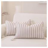 QDTTSRY Decorative Boho Throw Pillow Covers 20x12 Inch Set of 2, Textured Linen Striped Lumbar Throw Pillows with Tassels, Soft & Cozy Farmhouse Decor Cushion Covers for Couch Bed Living Room