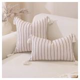 QDTTSRY Decorative Boho Throw Pillow Covers 20x12 Inch Set of 2, Textured Linen Striped Lumbar Throw Pillows with Tassels, Soft & Cozy Farmhouse Decor Cushion Covers for Couch Bed Living Room