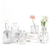 Gather & Bloom Creations 5 Piece Mini Bud Vase Set Clear Glass Small Vases in Unique Shapes & Sizes for Flowers, Fairy Lights, Wedding Table Centerpieces, Vintage-Inspired Home Decor