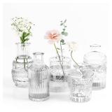 Gather & Bloom Creations 5 Piece Mini Bud Vase Set Clear Glass Small Vases in Unique Shapes & Sizes for Flowers, Fairy Lights, Wedding Table Centerpieces, Vintage-Inspired Home Decor