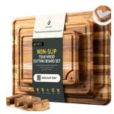 3 Pack Teak Wood Cutting Board Set for Kitchen Charcuterie Board Serving Heavy Duty Non Toxic Slip Over Sink Solid Thick Haus Wooden Chopping Board Large Big Small Meat Best Kitchen Essential Gift