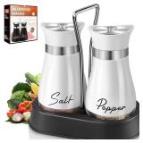 Salt and Pepper Shakers, Farmhouse Salt and Pepper Shakers Set with Holder, electroplated Handle, 4 oz Stainless Steel Glass Bottle Dispenser, for Table, RV, Camp, BBQ (White)