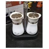 Salt and Pepper Shakers, Farmhouse Salt and Pepper Shakers Set with Holder, electroplated Handle, 4 oz Stainless Steel Glass Bottle Dispenser, for Table, RV, Camp, BBQ (White)