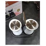 Salt and Pepper Shakers, Farmhouse Salt and Pepper Shakers Set with Holder, electroplated Handle, 4 oz Stainless Steel Glass Bottle Dispenser, for Table, RV, Camp, BBQ (White)