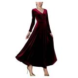 Urban CoCo Women Long Sleeve V-Neck Velvet Stretchy Long Dress (X-Large, Wine Red)