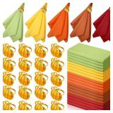 Preboun 20 Set Fall Thanksgiving Cloth Napkins 19 x 19 Inch with Pumpkin Ring Holders Harvest Dinner Reusable Fabric Cocktail Napkins for Thanksgiving Day Autumn Holiday Dinner Table