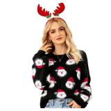 Christmas Sweater for Women, Cute Long Sleeve Crew Neck Ugly Christmas Sweater Santa Claus Knitted Sweater Funny Xmas Holiday Party Pullover Top Black L