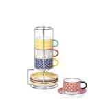 Selamica Ceramic Espresso Cups with Saucers and Metal Stand, 4 OZ Stackable Demitasse Cups for Latte Coffee Cafe Mocha Tea, Set of 4, Assorted Colors