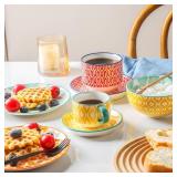 Selamica Ceramic Espresso Cups with Saucers and Metal Stand, 4 OZ Stackable Demitasse Cups for Latte Coffee Cafe Mocha Tea, Set of 4, Assorted Colors