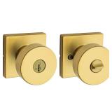 Kwikset Pismo Entry Door Knob with Lock and Key, Secure Keyed Handle Exterior Doorknob, Front Entrance and Bedroom, Satin Brass, Square, Pick Resistant SmartKey Rekey Security, Microban Protection
