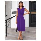 Women Business Work Dress Sleeveless Ruched Wrap V Neck Dress A Line Midi Dress Purple XXL