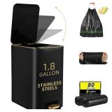 XLHOMO Small Bathroom Trash Can with Lid Soft Close, 1.8 Gallon Stainless Steel Garbage Can with Removable Inner Bucket,80Count Compostable Trash Bags, Slim Step Pedal Trash Bins