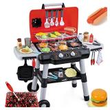 Kids Play Kitchen Toys, Kids BBQ Grill Playset with Smoke Sound Light, 2-Layer Barbecue Toy with Wheel, Outdoor Play Grill Toys for Toddlers 3-5, Play Food Toys Cooking Set, Birthday Gift for Boy Girl