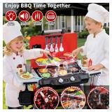 Kids Play Kitchen Toys, Kids BBQ Grill Playset with Smoke Sound Light, 2-Layer Barbecue Toy with Wheel, Outdoor Play Grill Toys for Toddlers 3-5, Play Food Toys Cooking Set, Birthday Gift for Boy Girl
