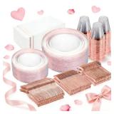 GATHER 350PCS Rose Gold Plastic Plates - Disposable Rose Gold Dinnerware Includes 100 Clear Rose Golds Rimmed Plastic Plates, 150 Silverware, 50 Napkins, 50 Cups for Party, Wedding, Valentine