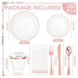 GATHER 350PCS Rose Gold Plastic Plates - Disposable Rose Gold Dinnerware Includes 100 Clear Rose Golds Rimmed Plastic Plates, 150 Silverware, 50 Napkins, 50 Cups for Party, Wedding, Valentine