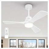 FXZZ 42 Inch Ceiling Fan with Lights, Remote Control, Dimmable, Reversible, Solid Wood Blades, Power-Off Memory, Quiet DC Motor Modern White Ceiling Fan for Living Room Bedroom Patio Indoor Outdoor