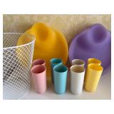 Plastic Plates (11), Vintage Cups (8) and Wire Trash Basket