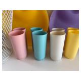 Plastic Plates (11), Vintage Cups (8) and Wire Trash Basket