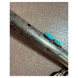 Sterling Silver Native American Flute w/ Turquoise Accents and Feather Fetishes