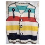 Native American-Style Wool Vest Adorned w/ Antler Buttons, Leather Pocket and Beads