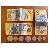 Australian 50 Dollar Bills (3) and Foreign Coins
