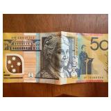 Australian 50 Dollar Bills (3) and Foreign Coins
