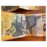 Australian 50 Dollar Bills (3) and Foreign Coins