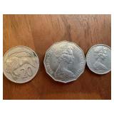 Australian 50 Dollar Bills (3) and Foreign Coins