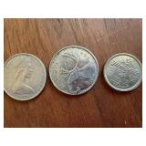 Australian 50 Dollar Bills (3) and Foreign Coins