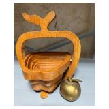 Vintage Collapsible Wood Apple Bowl and Brass Bell