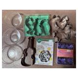 Cookie Cutters, Fondant Cut-Outs and Small Glass Bowls in Plastic Tote