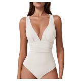 QINSEN Tummy Control Swimsuit Sexy Deep V Neck High Waist Bathing Suit for Women Cross Back Monokini White XL