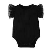 ROMPERINBOX Baby Girl Onsies Polka Dot Mesh Puff Sleeve Rib-Knit Short Sleeve Round Neck Bodysuit, Black, 9-12 Months