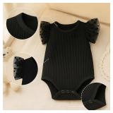 ROMPERINBOX Baby Girl Onsies Polka Dot Mesh Puff Sleeve Rib-Knit Short Sleeve Round Neck Bodysuit, Black, 9-12 Months